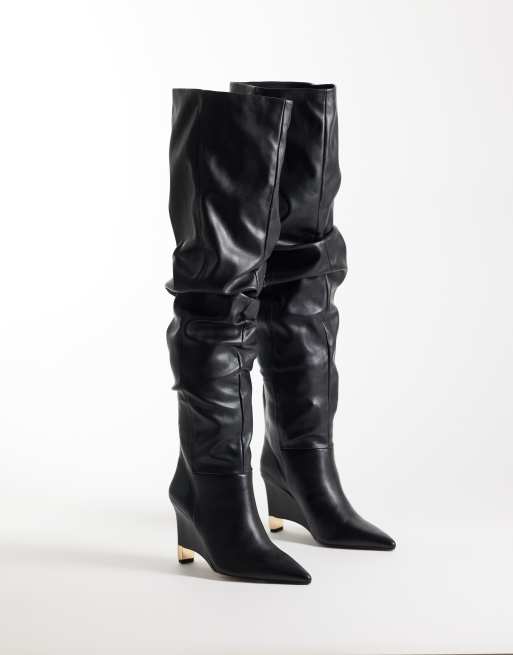 ASOS DESIGN Katya wedge ruched over the knee boots in black, 2 of 4