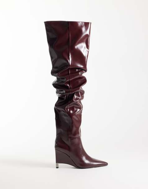 ASOS DESIGN Katya wedge ruched over the knee boots in burgundy - view 1