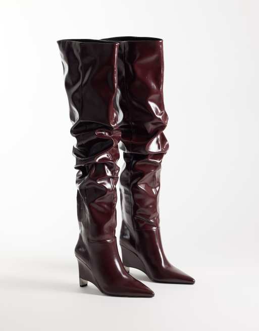 ASOS DESIGN Katya wedge ruched over the knee boots in burgundy, 2 of 4