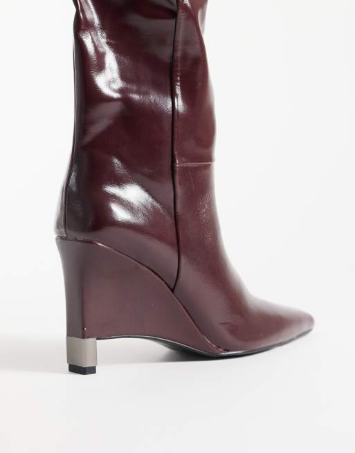 ASOS DESIGN Katya wedge ruched over the knee boots in burgundy, 3 of 4
