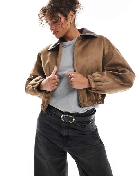 ASOS DESIGN faux suede bomber jacket in mocha