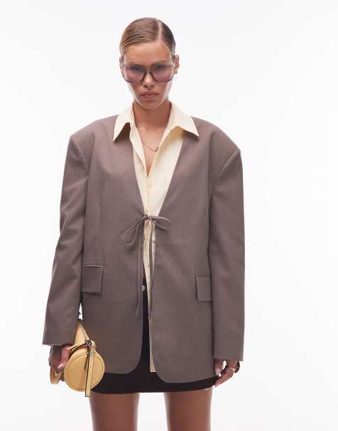 ASOS DESIGN collarless oversized tie front blazer in mocha pinstripe