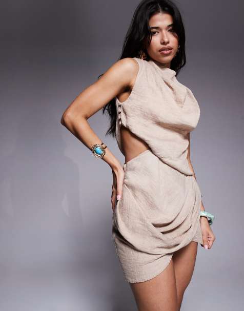 ASOS DESIGN asymmetric drape mini dress in mocha