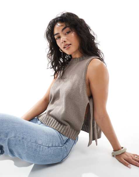 ASOS DESIGN crew neck knit tabard vest with tie sides in mocha