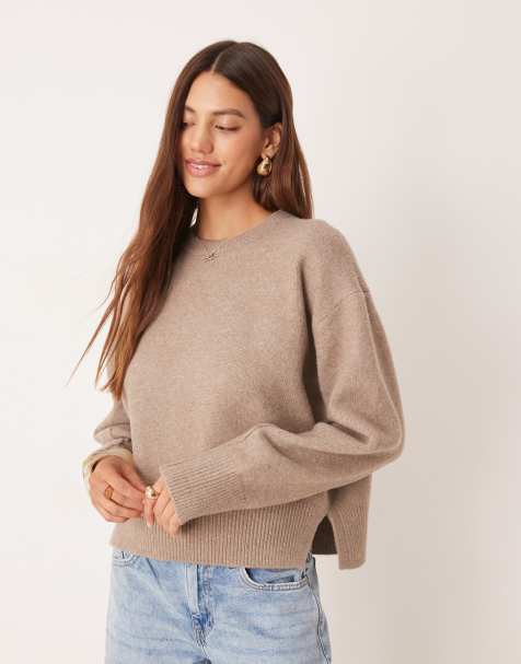 ASOS DESIGN boxy crew neck jumper with side split detail in mocha