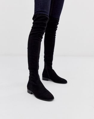 black leather flat knee high boots