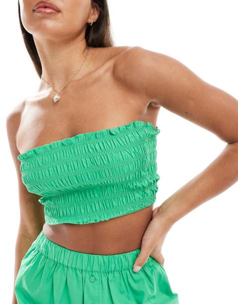 ASOS DESIGN Kaye cotton shirred bandeau beach top in bright green - view 1