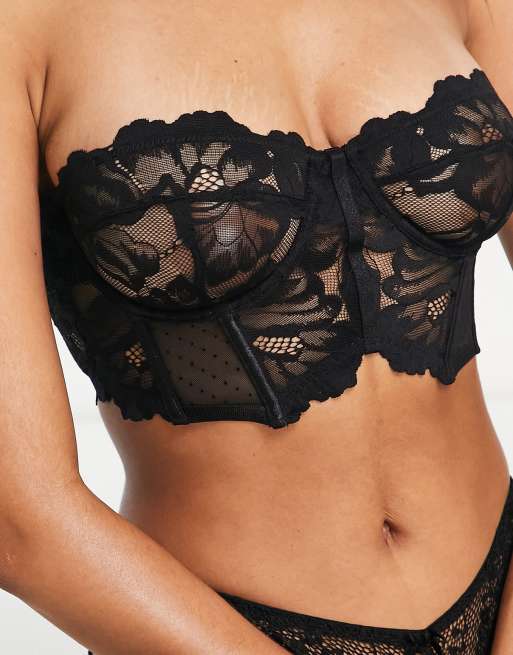ASOS DESIGN - Kaye - Reggiseno taglio lungo con ferretto in pizzo e rete a pois nero