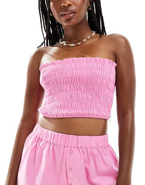 ASOS DESIGN – Kaye – Rosa smockad bandeau-topp av bomull för stranden - view 1