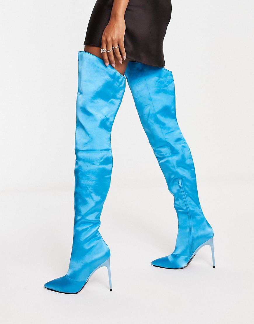 ASOS DESIGN Kayla heeled thigh high boots in teal-Blue