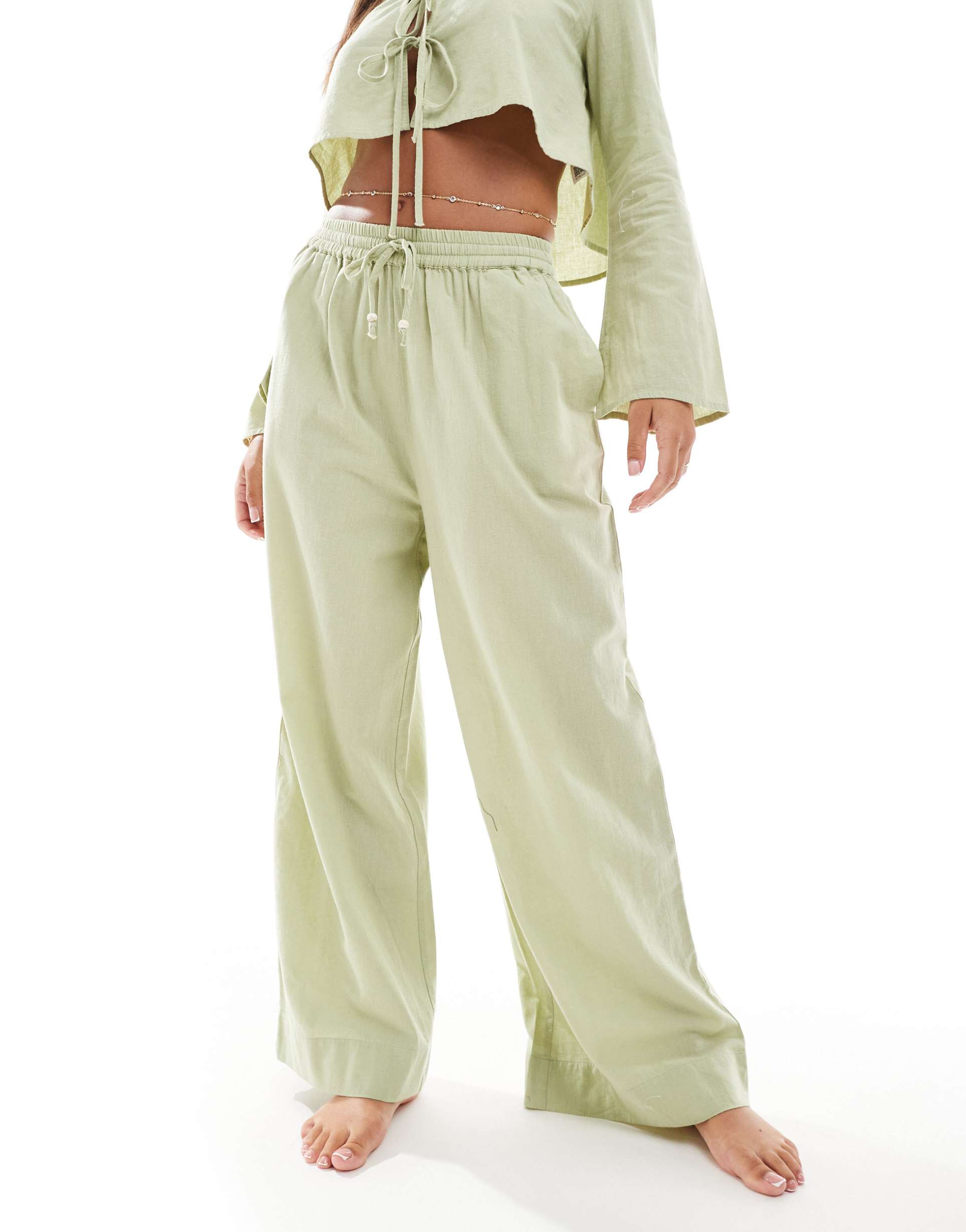 asos design kayla mix and match beach wide leg pants in khaki