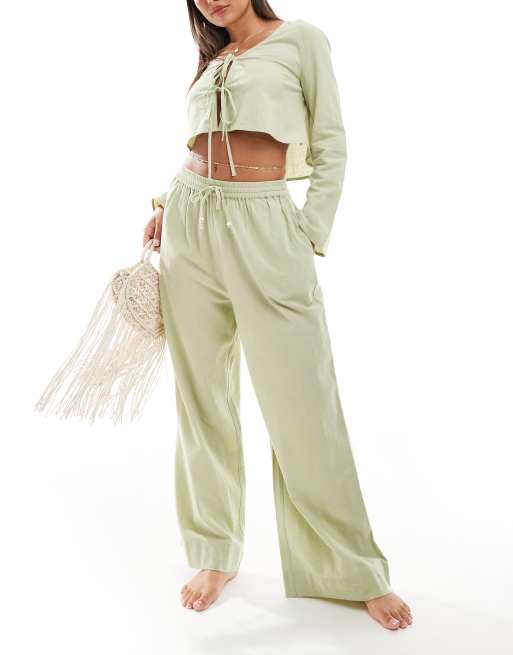 ASOS DESIGN Kayla Mix and Match beach wide leg pants in khaki, 2 of 5