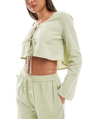 Kayla mix and match long sleeve tie front beach top in khaki-Green
