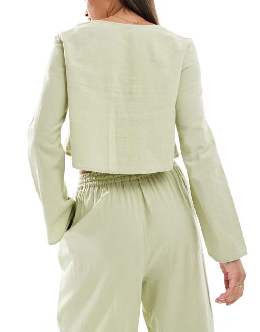 ASOS DESIGN Kayla Mix and Match long sleeve tie front beach top in khaki, 4 of 4