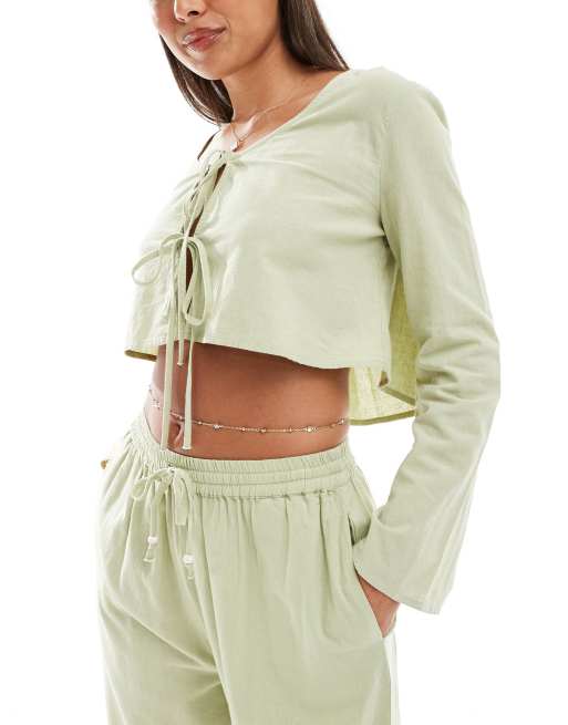 ASOS DESIGN - Kayla - Mix and Match - Top da spiaggia a maniche lunghe kaki con lacci sul davanti