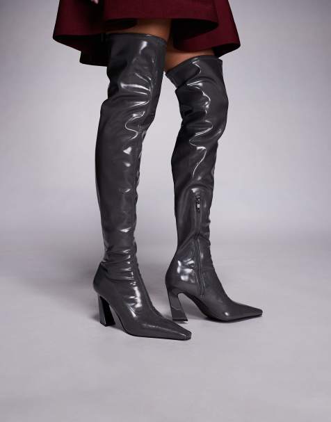 ASOS DESIGN Keeper chisel toe over the knee boots in grey - view 1
