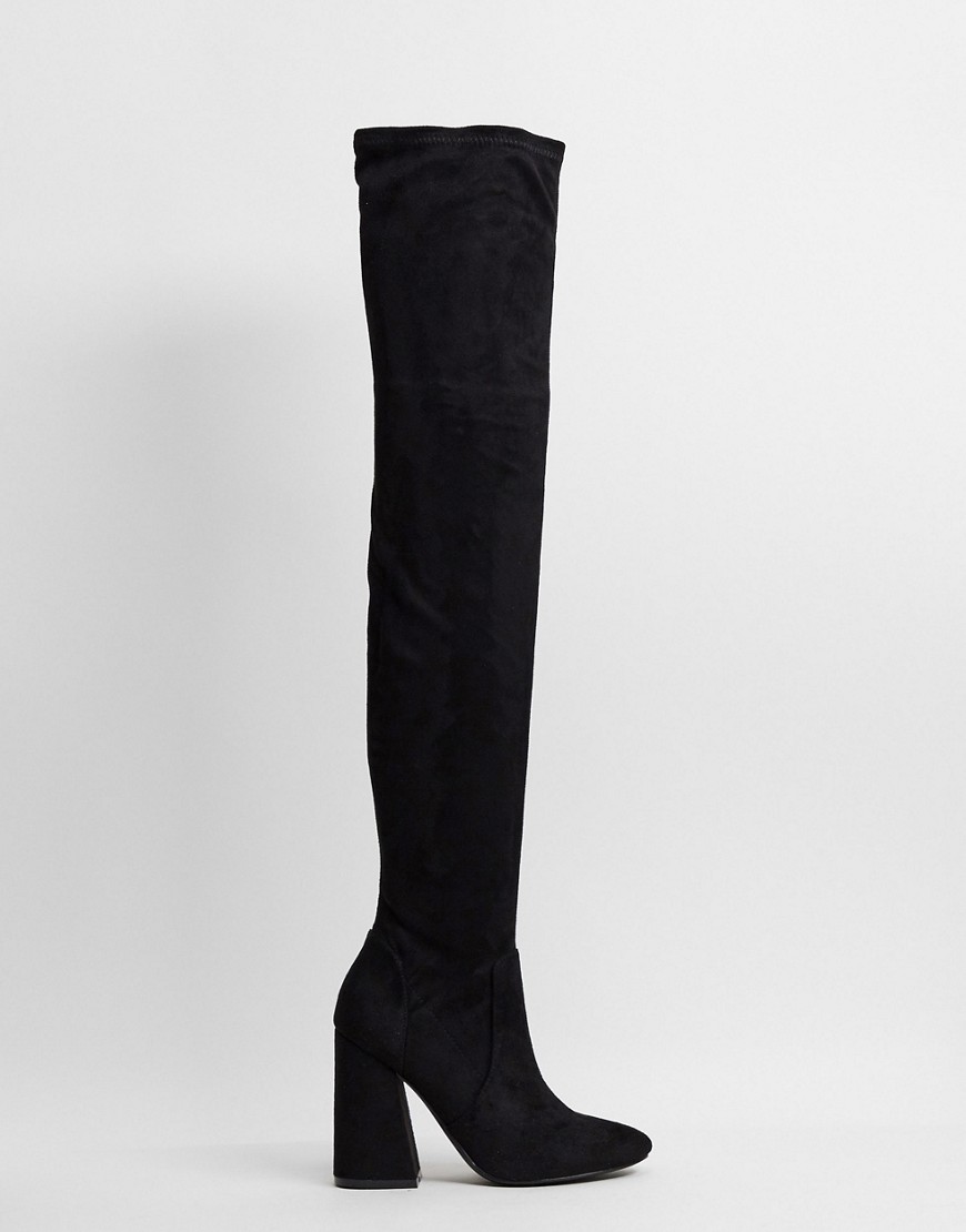 ASOS DESIGN Keeper heeled thigh high boots in black
