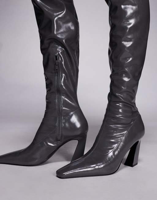 ASOS DESIGN - Keeper - Over-de-knie laarzen met hoekige neus in grijs, 3 van 4