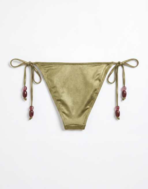 ASOS DESIGN - Keira - Bas de bikini ultra-brillant noué sur les côtés avec perles - Olive, 6 de 8