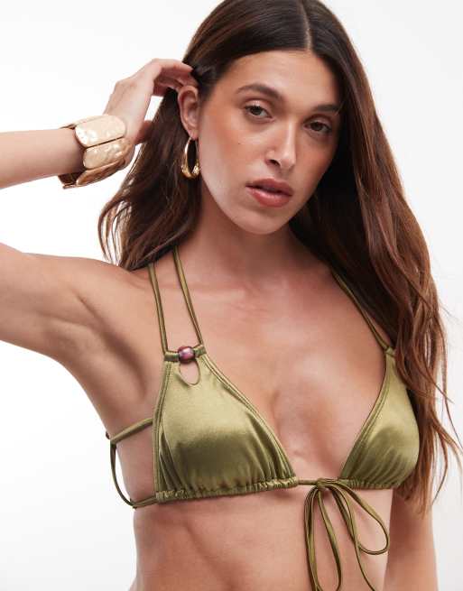ASOS DESIGN - Keira - Haut de bikini triangle ultra-brillant noué devant avec lanières dans le dos et perles - Olive, 2 de 4