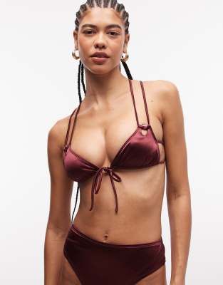Asos Design Keira High Shine Tie Front Triangle Bikini Top With Strappy Back And Bead Detail In Red