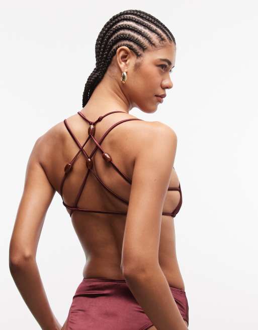 ASOS DESIGN Keira high shine tie front triangle bikini top with strappy back and bead detail in damson, 2 of 4