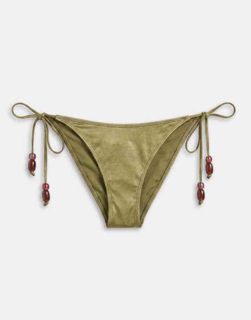 ASOS DESIGN - Keira - Olivengrønne skinnende bikinitrusser med bindebånd i siderne og perledetaljer, 5 af 8