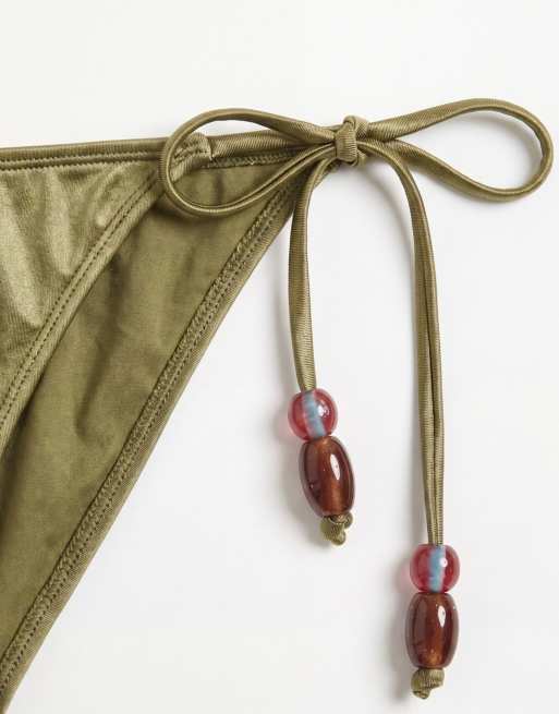 ASOS DESIGN - Keira - Olivengrønne skinnende bikinitrusser med bindebånd i siderne og perledetaljer, 7 af 8