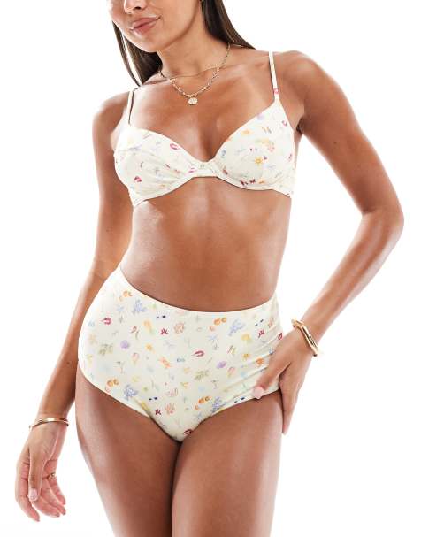 ASOS DESIGN – Kellie – Dół od bikini z wysokim stanem we wzór w rysunki - view 1