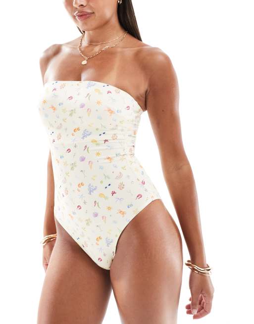 ASOS DESIGN – Kellie – Strój kąpielowy z dekoltem bandeau we wzór w rysunki