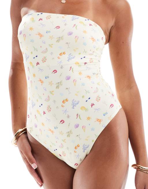 ASOS DESIGN – Kellie – Strój kąpielowy z dekoltem bandeau we wzór w rysunki, 2 z 4