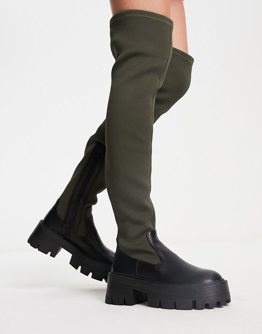ASOS DESIGN Kellis chunky flat over the knee boots in black and khaki-Multi