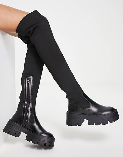 ASOS DESIGN Kellis chunky flat over the knee boots in black | ASOS
