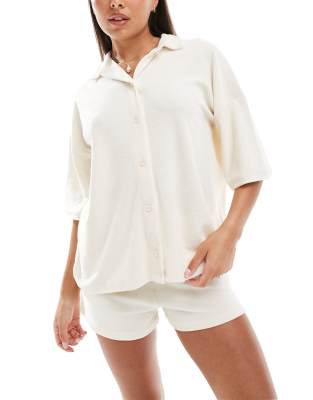 Asos Design Kelly Towelling Beach Shirt In Cream - Part Of A Set-white