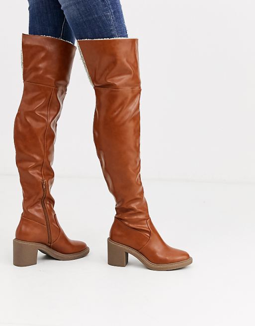ASOS DESIGN Kelsie shearling over the knee boots in tan | ASOS