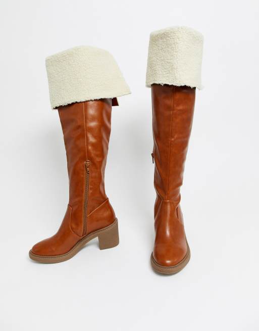 ASOS DESIGN Kelsie shearling over the knee boots in tan