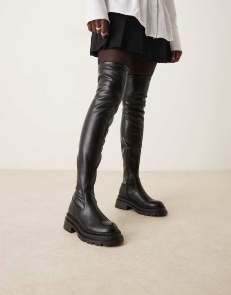 Women's Thigh High Fashion Sneaker Boots – Flat Heel, Punk Oxford Style, Black PU