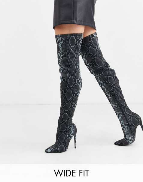ASOS DESIGN – Kendra – Oberschenkelhohe Stiletto-Stiefel mit Schlangenhautmuster