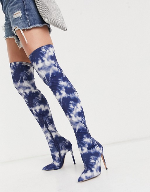 ASOS DESIGN Kendra stiletto thigh high boots in blue tie dye