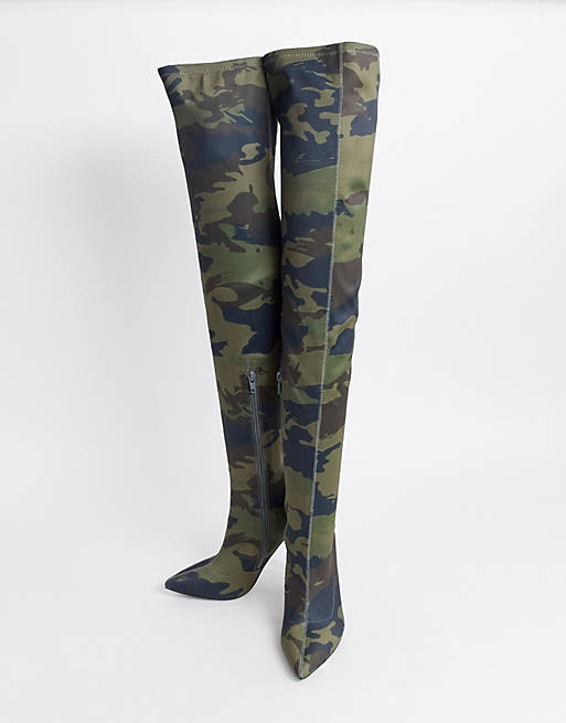New Designer CAMOUFLAGE army ecusson ripped fish net THIGH HIGH BOOTS size 6 