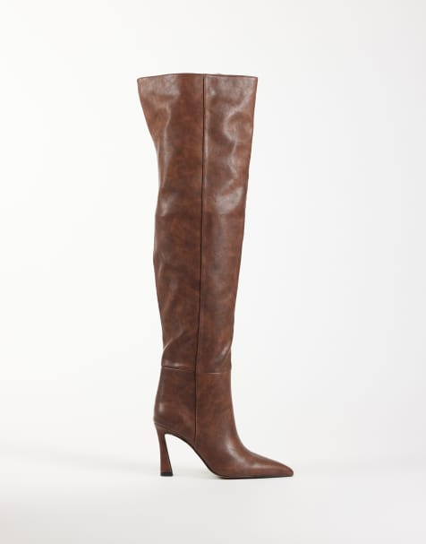 ASOS DESIGN Kennedy botas de tacón de aguja por encima de la rodilla en marrón pulido - view 1