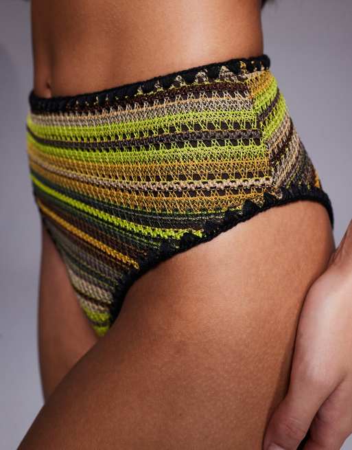 ASOS DESIGN Kenny crochet Azores high leg high waist bikini bottom in multi stripe, 3 of 4