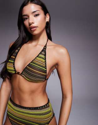 ASOS DESIGN - Kenny - Gehäkeltes Triangel-Bikinioberteil mit hohem Trägeransatz und buntem Streifenmuster-Gelb