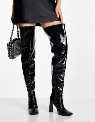 ASOS DESIGN Kensington high-heeled square toe over the knee boots in black patent