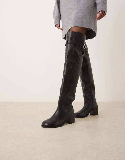 ASOS DESIGN - Kensington - Leren over-de-knie laarzen met hak in zwart - view 1