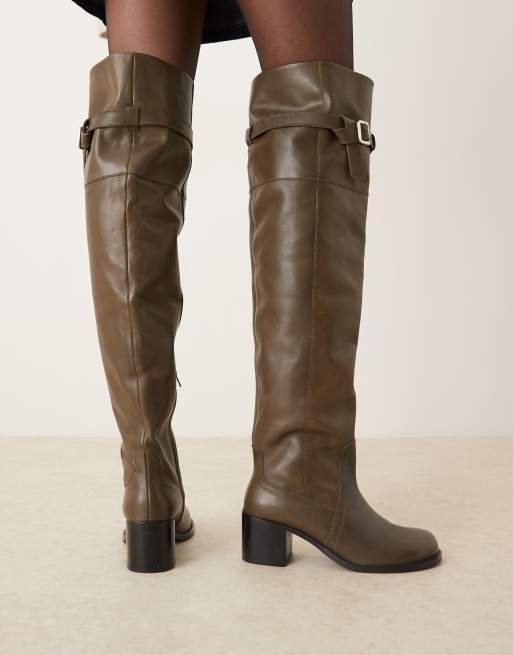 ASOS DESIGN – Kensington – Overknee-Stiefel aus Leder in Oliv mit Absatz, 4 von 4