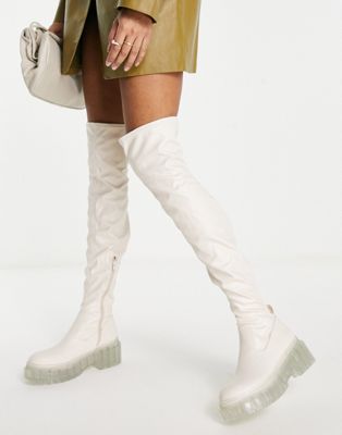  Kentisbury chunky over the knee boots in off white with clear sole