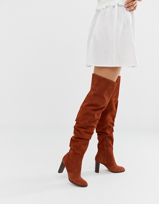ASOS DESIGN Kentucky premium suede slouch thigh high boots in tan | ASOS