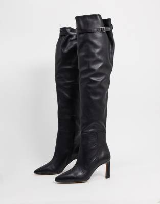black leather mid heel knee high boots
