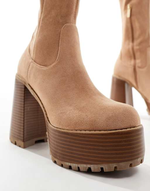 Essentials Botte en Peau lainée Femme, Beige Micro Suède, 36 EU :  : Mode